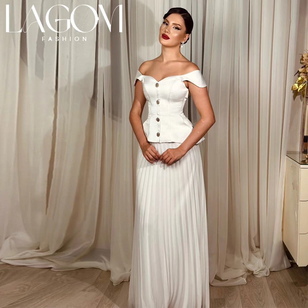 Lagom Elegant White 2Pcs Evening Dress Off The Shoulder Sweetheart Satin Corset Top Pleated Straight Chiffon A‑line شارون سعيد