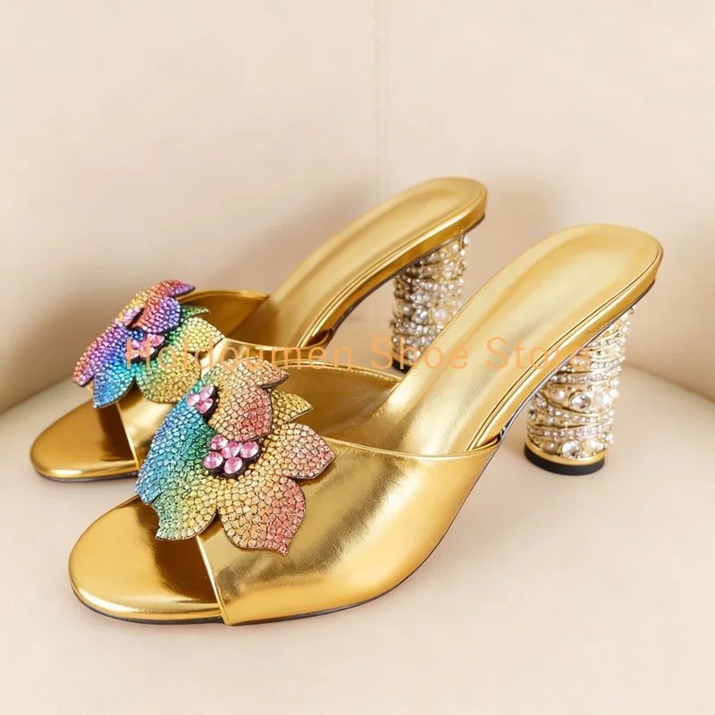 الملونة حجر الراين زهرة ديكور اللمحة تو الصيف شباشب على الموضة الفاخرة الماس رصع كعب مستدير الانزلاق على كسول البغل النعال #2