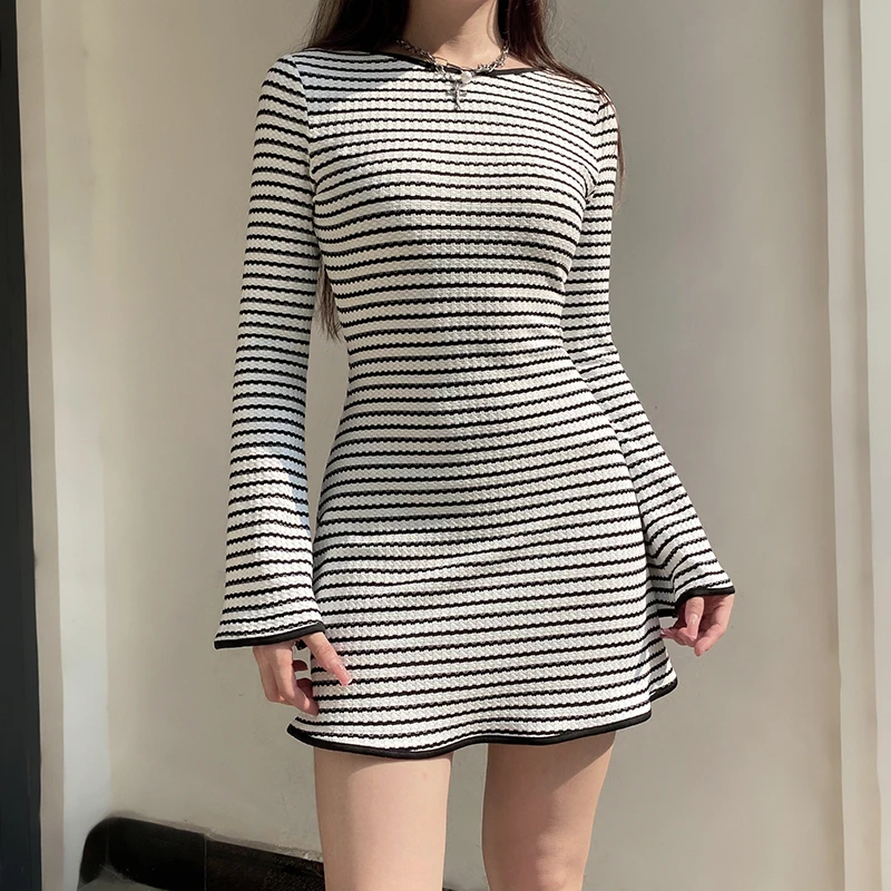 IAMHOTTY Elegant Striped A-line Dress Contrast Edge Flare Long Sleeve Mini Dresses Holiday Party Slim-fitting Outfit Women