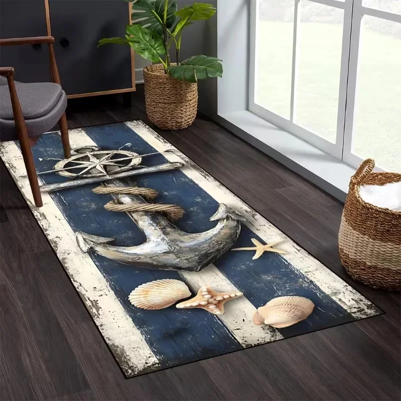 VIKAMA Nautical Anchor Starfish Runner Rug Non‑slip Coastal Sea Shell Long Floor Mat For Hallway Home Decor
