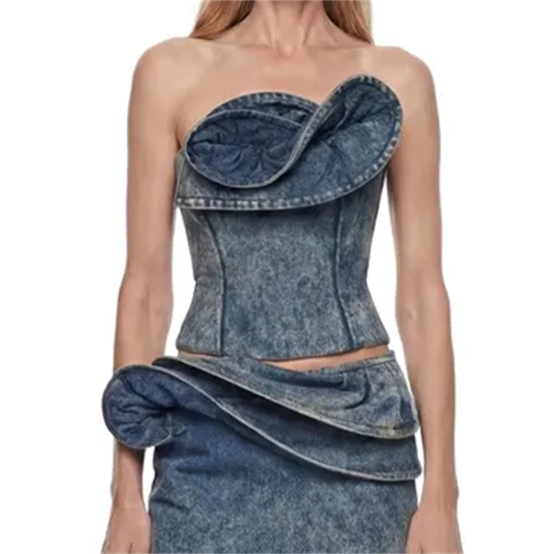 Summer 2026 New 3D Floral Decoration Cotton Denim Wrap Top High Quality Women's Sexy Backless Fashionable Chest Clothes