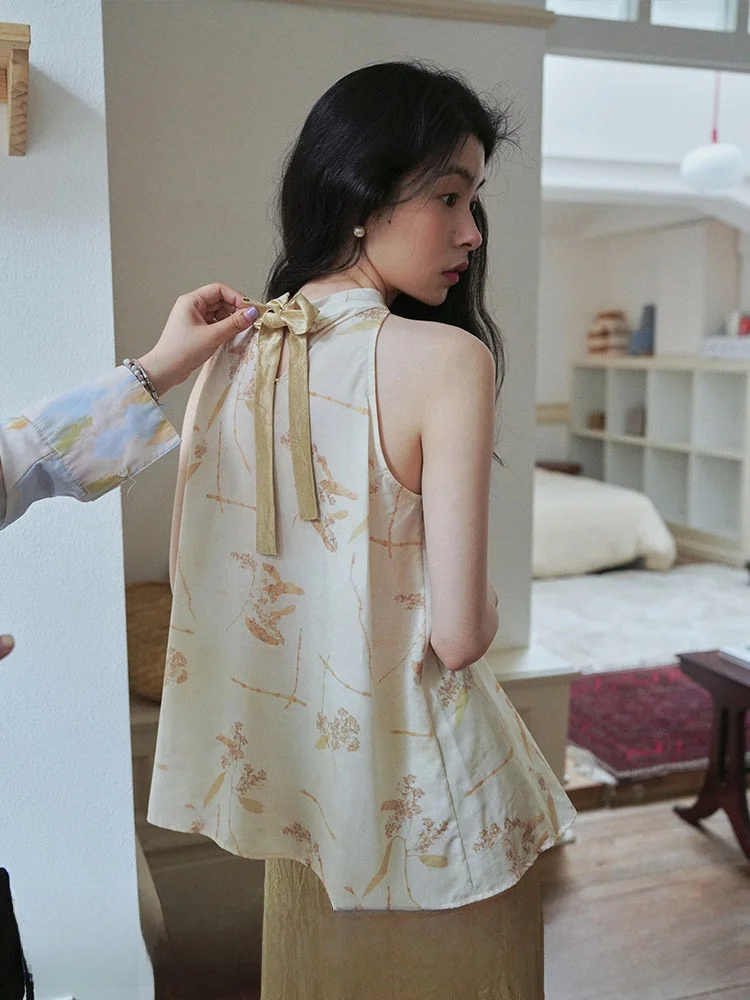 

New Chinese Sle Bamboo Ne Hanging Strap Vest Women Summer Wood Dye Printing round Ne Svel Top Commute Sle