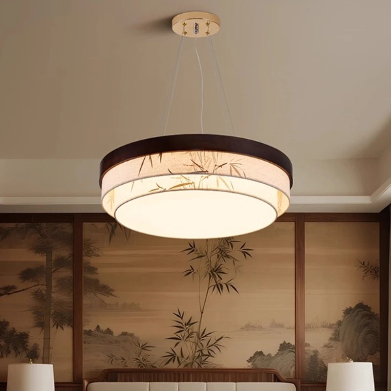 الرجعية الاستدارة/مربع طبقة مزدوجة الطباعة النسيج LED أضواء السقف غرفة المعيشة غرفة نوم دراسة فندق قاعدة خشبية مصابيح معلقة #3