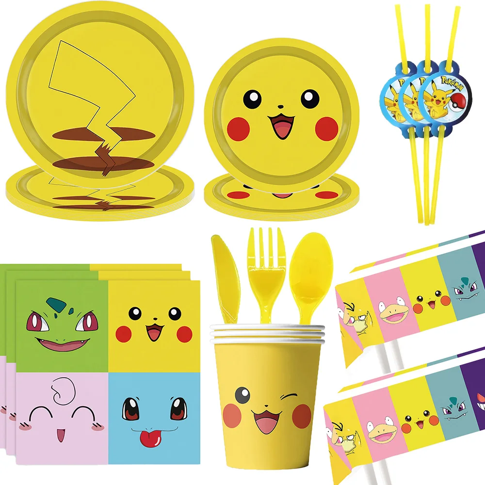 Pokemon Verjaardagsfeestje Decoratie Cartoon Pokemon Pikachu Servies Tissue Cup Sleutelhanger Achtergrond Doek Baby Douche Benodigdheden