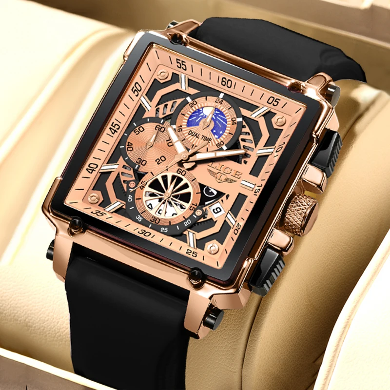 

LIGE Creative Square Chronograph Wrist Watches for Men Sports Waterproof Quartz Men Watch Fashion Business Big Dial Watch Men