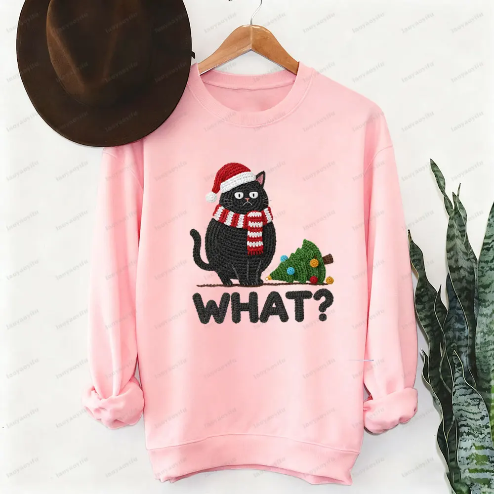 Sudadera What Cat con estampado de hilo sintético para mujer, divertida camiseta con estampado de árbol de Navidad, regalo de Navidad, Sudadera con capucha, ropa para mujer