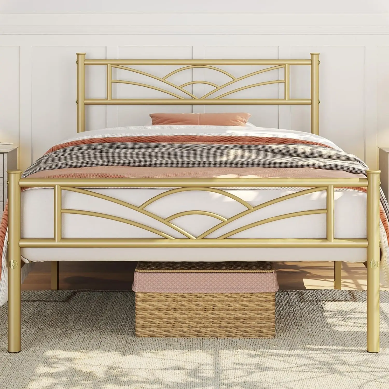 

Metal Platform Bed with Cloud-Inspired Design Headboard/Footboard/Ample Under Bed Storage/No Box Spring Needed/Antique Gold