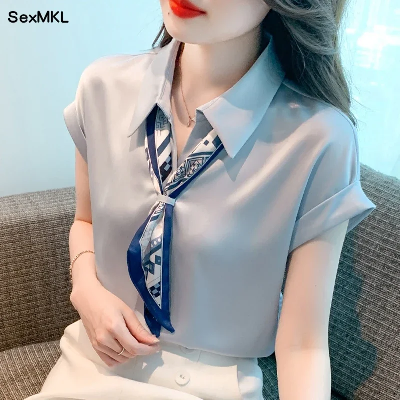 Elegant Summer Office Silk Blouses Women 2024 Fashion Short Sleeve Blue Ladies Tops Korean Style Clothes y2k Work Chiffon Shirts