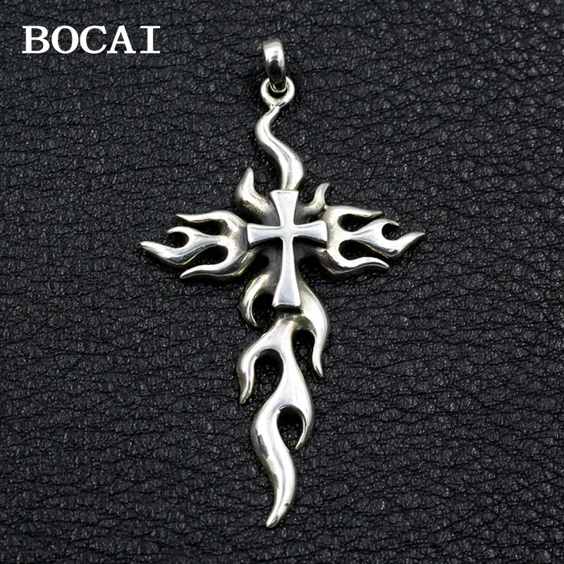 bocai-new-s925-sterling-silver-vintage-personalized-dark-punk-gothic-flames-cross-pendant-men's-style