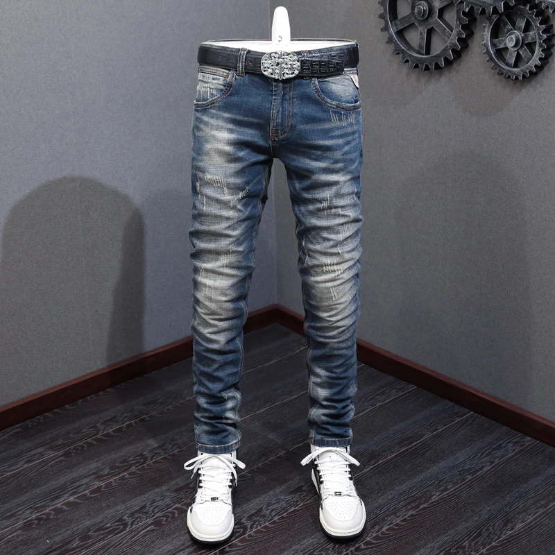 

Newly Designer Fashion Men Jeans High Quality Retro Washed Blue Stretch Ripped Jeans Slim Fit Italian Style Vintage Denim Pants