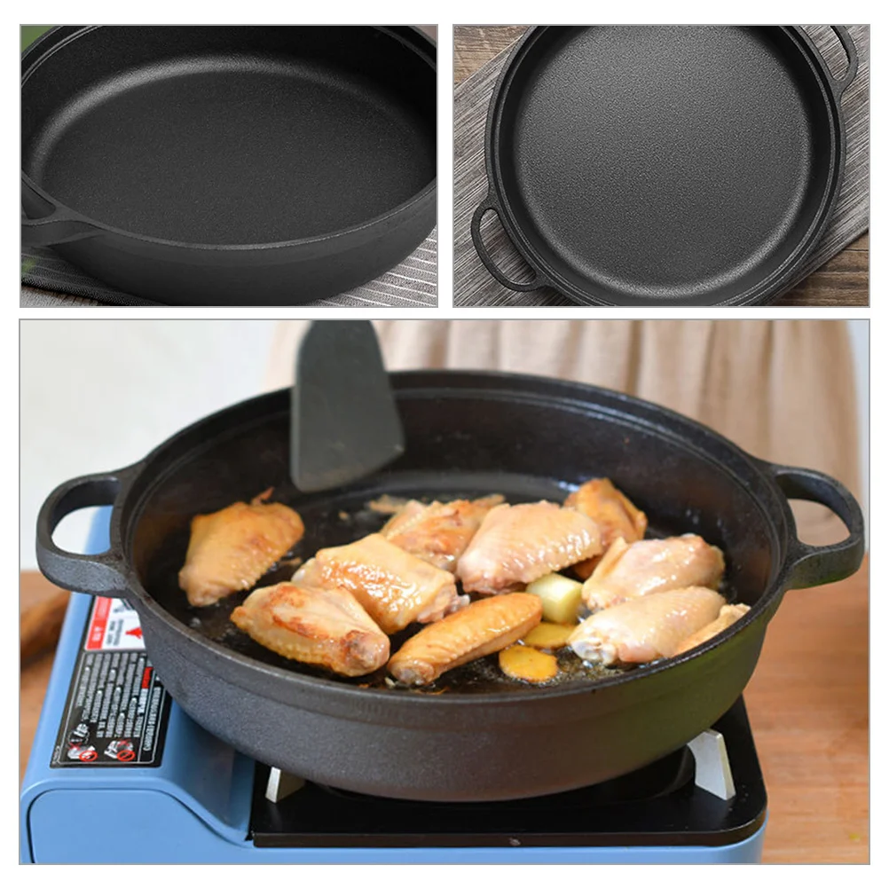 Cast Iron Pan Non Stick Cooking Pot Double Handles 10X8 Inches Mini Skillet Round Serving Dish Black Frying Pan Casserole