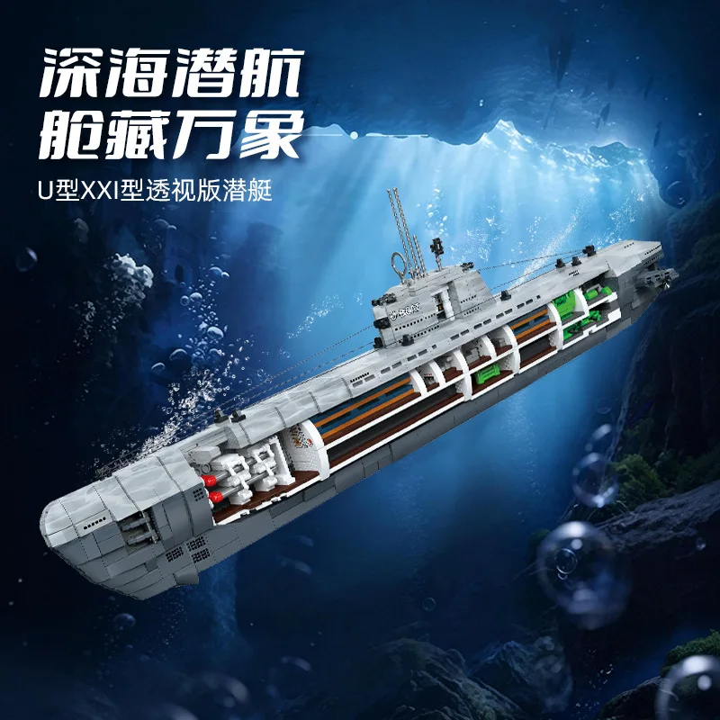 Submarine U-Boat Type XXI Building Blocks Cutaway Model Cross Section Display Stand Collectible DIY Assembly Bricks Toy for Boys
