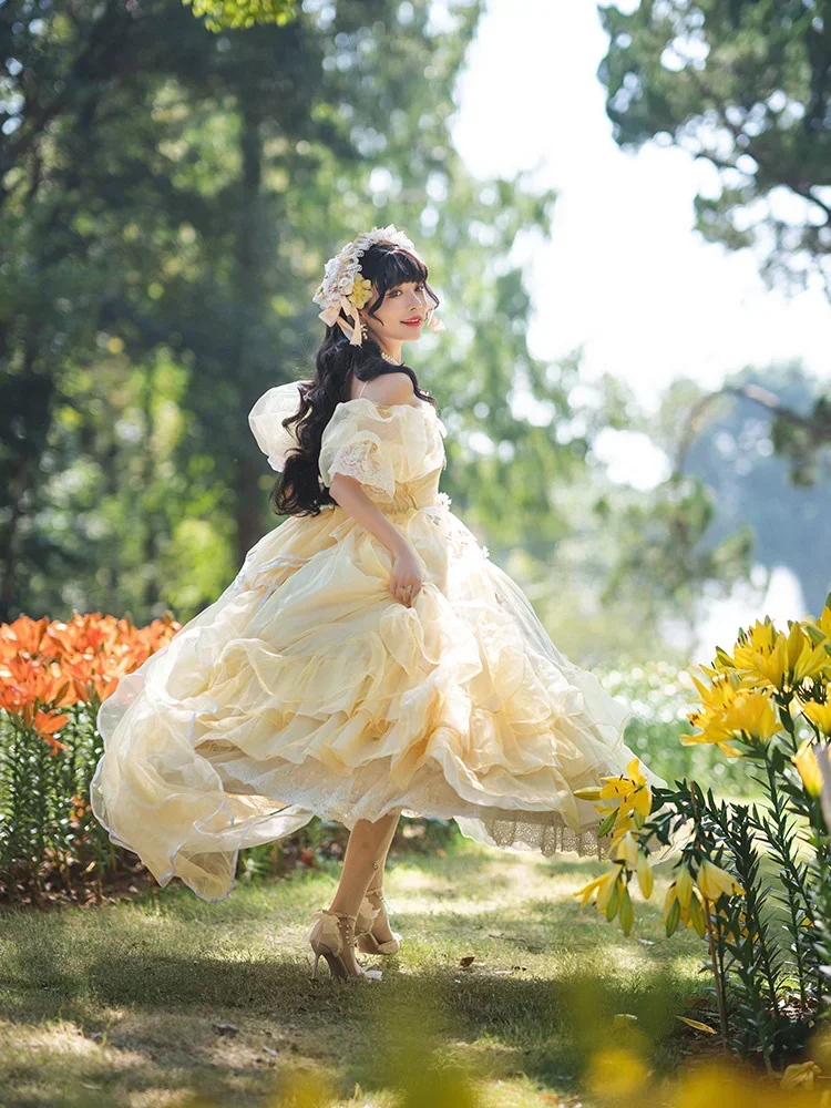 Zomer Japanse Gele Lolita Jsk Jurk Sweet Lolita Straped Jurken Dames Strik Jsk Vrouwen Lace Loli Kawaii Trouwjurk