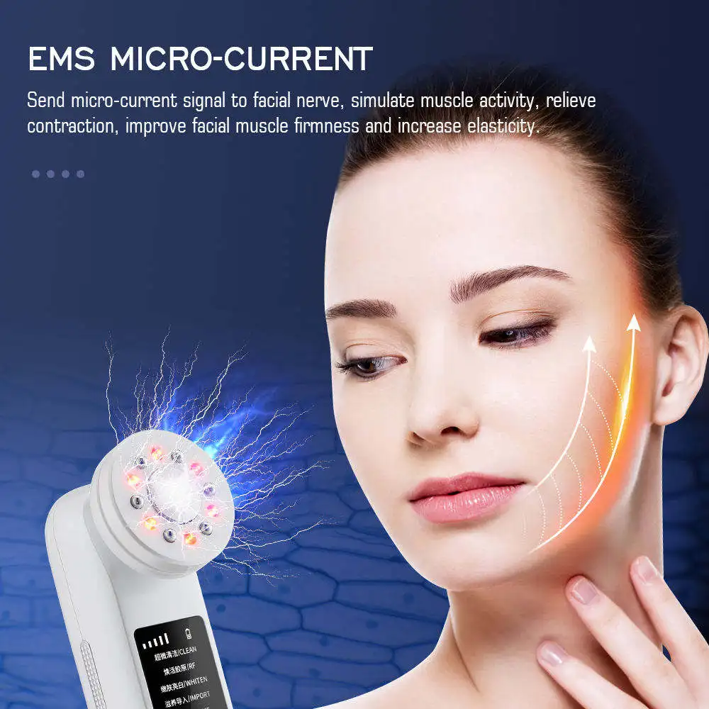 ﻿   7 w 1 Urządzenie do Terapii Światłem Czerwonym, Wielofunkcyjny Ultradźwiękowy Kompres Lodowy, Elektryczny Masażer do Twarzy, Pielęgnacja Skóry Twarzy i Oczu