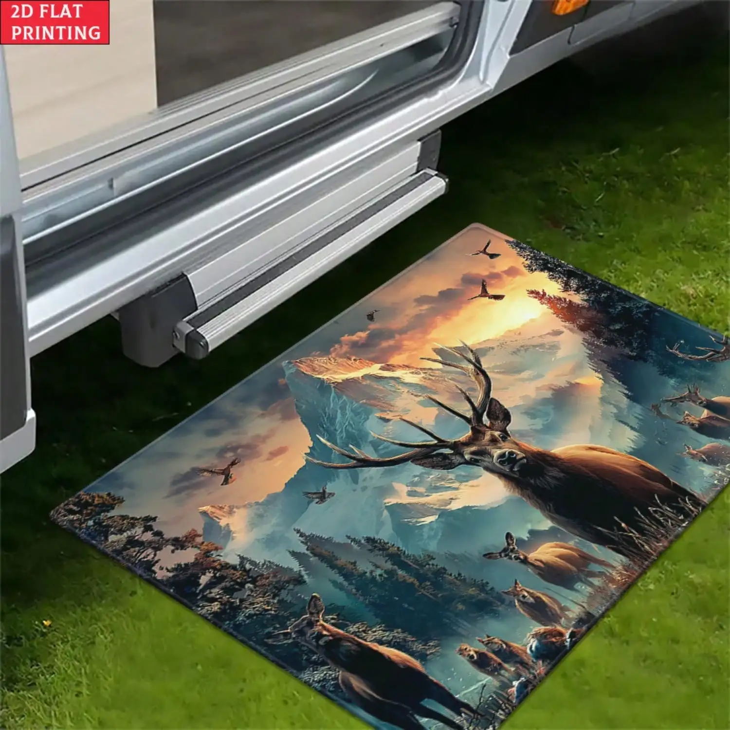 2D Flat, 2D Flat 1pc Mountain Deer Scene Door Mat, Outdoor Mat, Outdoor Rug, Bathroom Floor Mat, Microfiber Absorbent Machine Washable Rug For Bedroom, Living