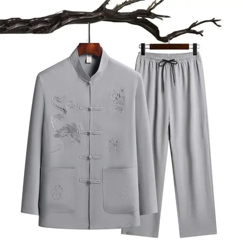 2023 long sleeve father\'s taiji suit autumn cotton linen suit Chinoiserie coiled loose Tang suit cotton linen suit