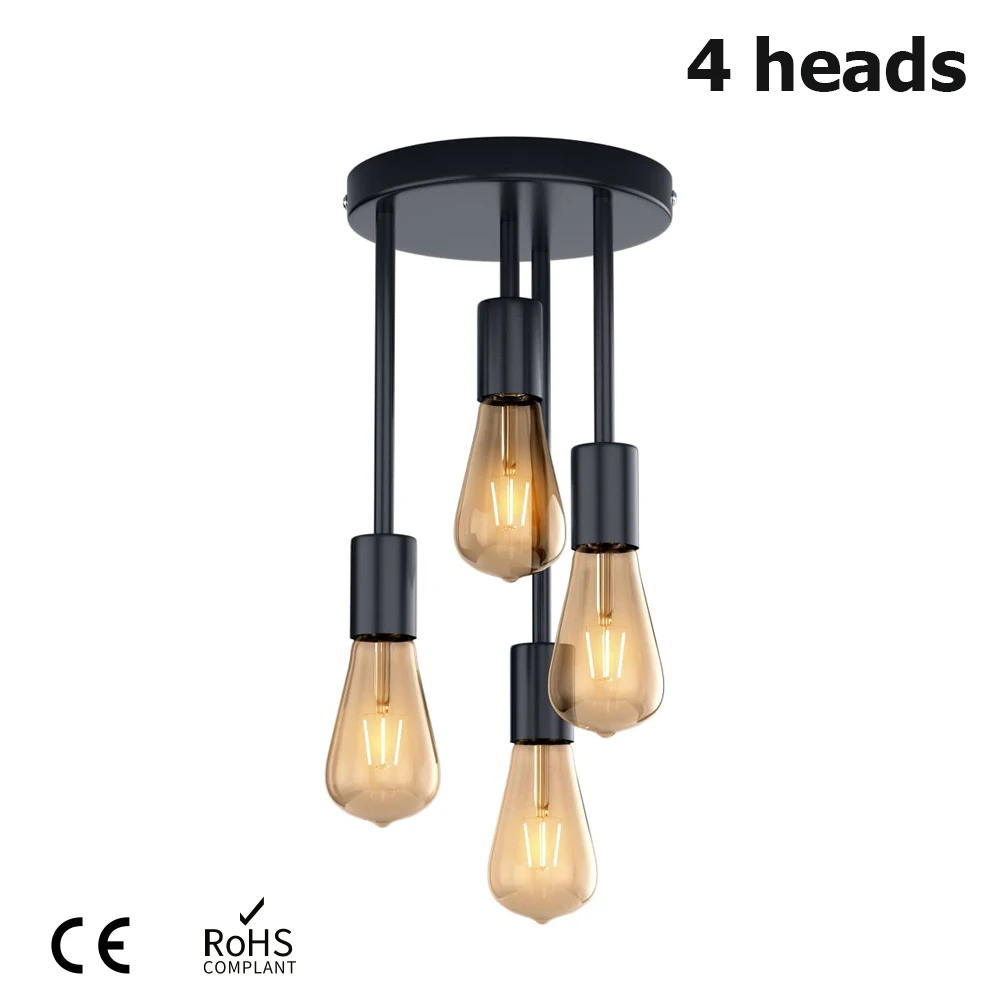 

4 heads Flush Mount Ceiling Light Fixture Retro Vintage Ceiling Lamp Black Metal for Hallway Entryway Bedroom Balcony Dining