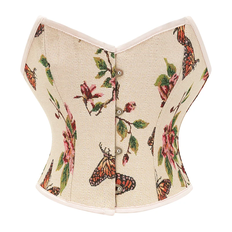 Green Flower Butterfly Printed Denim French Style Vintage Top Corset For Women 2024 Renaissance Bodice Gothic Fashion Bustier