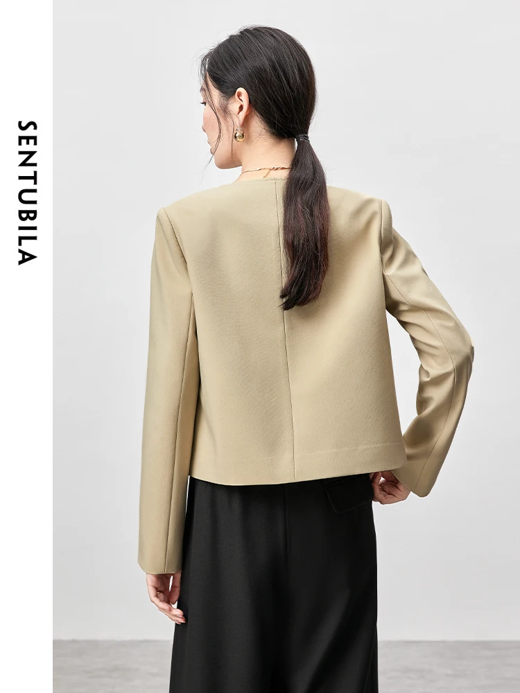 SENTUBILA V Neck Ribbons Cropped Blazer Jackets for Women 2024 Fall Fashion Pad Shoulder Coat Woman Autumn Clothing 143W55906