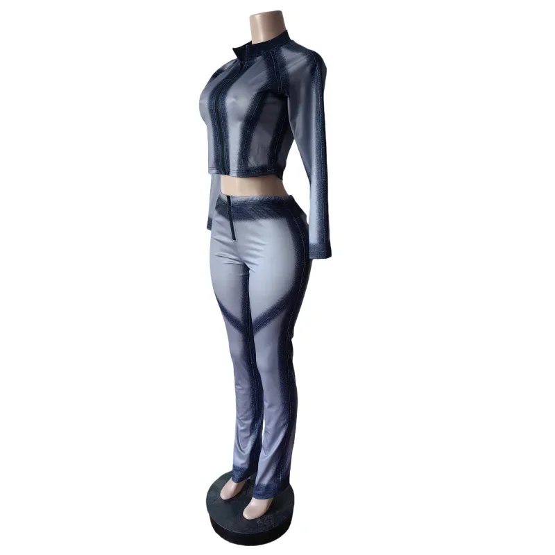 Printed 2 Piece Set Women Fashion O Neck Long Sleeve Zip-up Slim Jackets Tops + Slim Flare Pants Casual Streetwear Suits