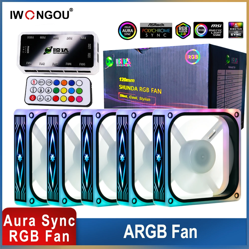 

IWONGOU Computer Case PC Fan Adjust ARGB Heatsink Fan 120mm Cooler AURA SYNC Radiator Computer Cooling RGB Case Fans