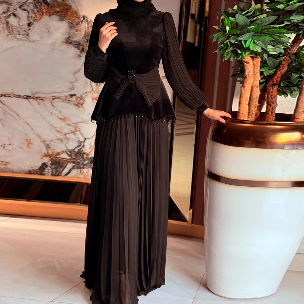 

Customized A-line Evening Dresses Floor-length O-neck Full Sleeve Prom Gown Fashion Sequined Pleat Simple Draped Party Gown