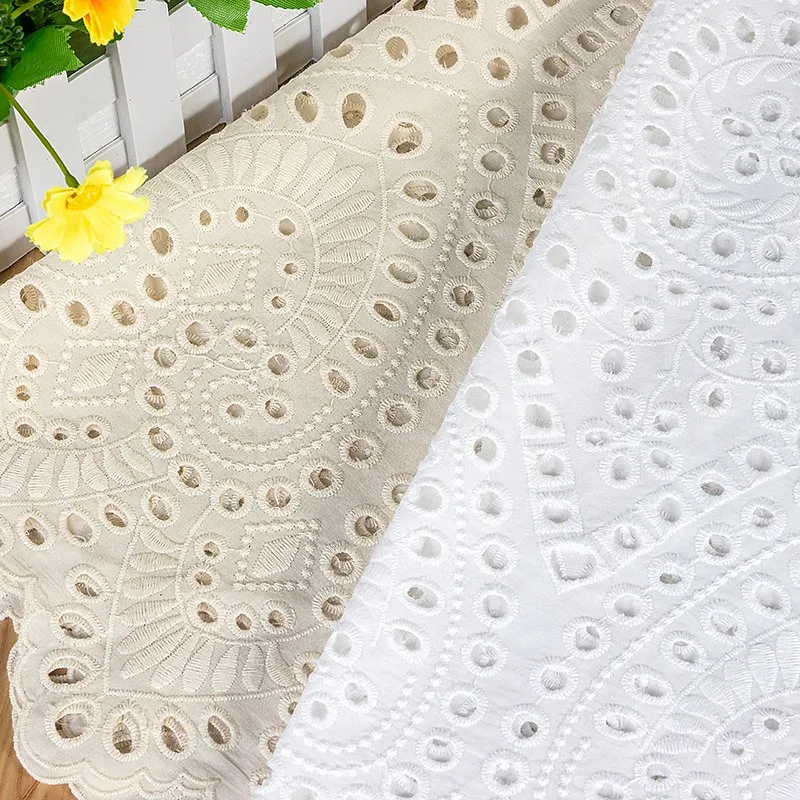 New Beige Cotton Fabric Full Width Symmetrical Hollow Embroidery Hanfu Dress Skirt Flower Embroidery Fabric
