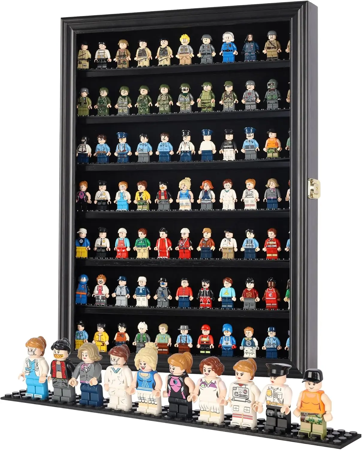 Vitrina para Minifiguras con Puerta con Protección UV y Cerradura para Coleccionables Pequeños, Marco Negro
