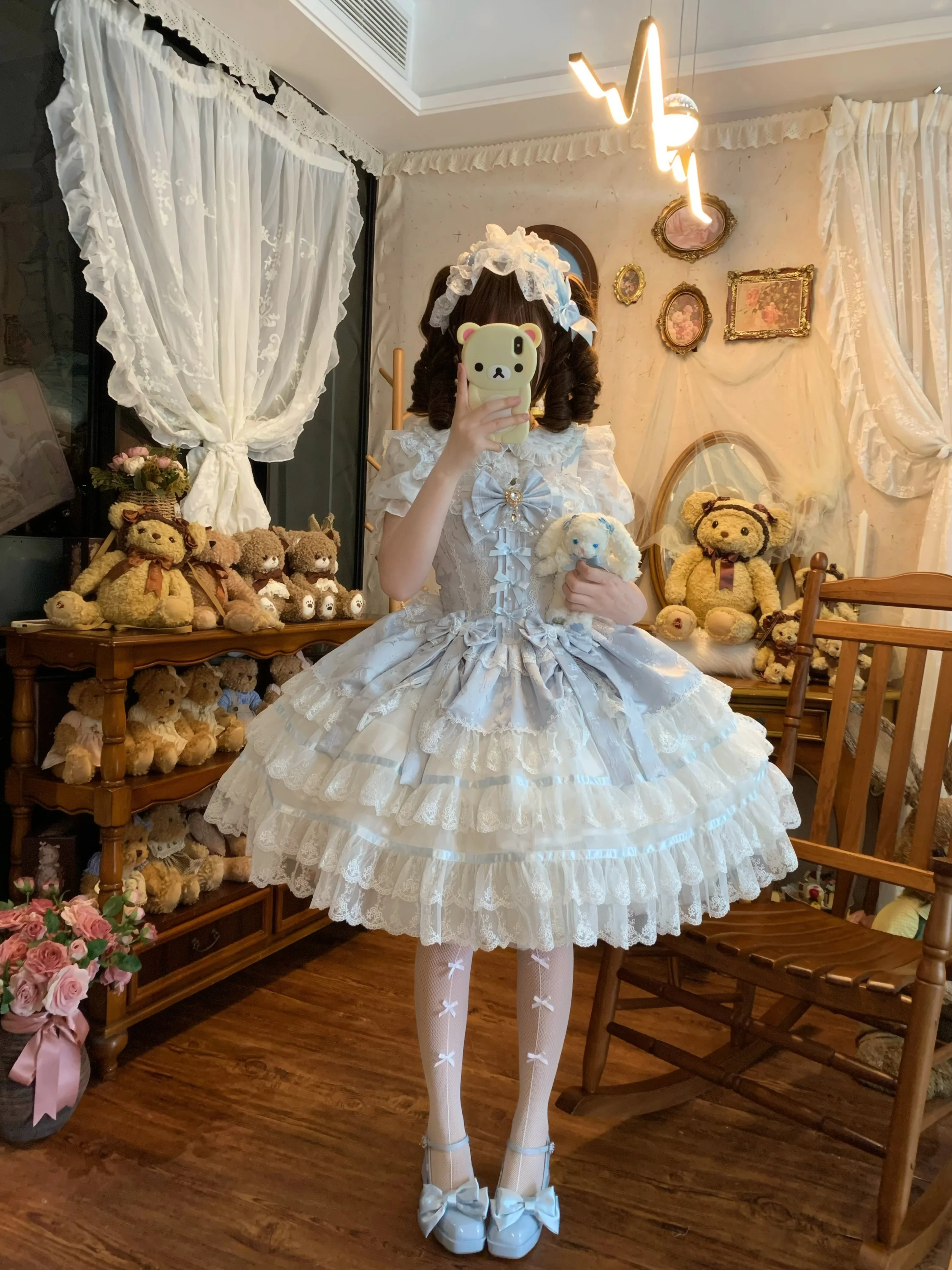 Gaun Lolita Biru Gaya Balet dengan Pita Manis JSK Gaun Tali untuk Wanita 2025 Gaun Kue Renda Jepang Baru