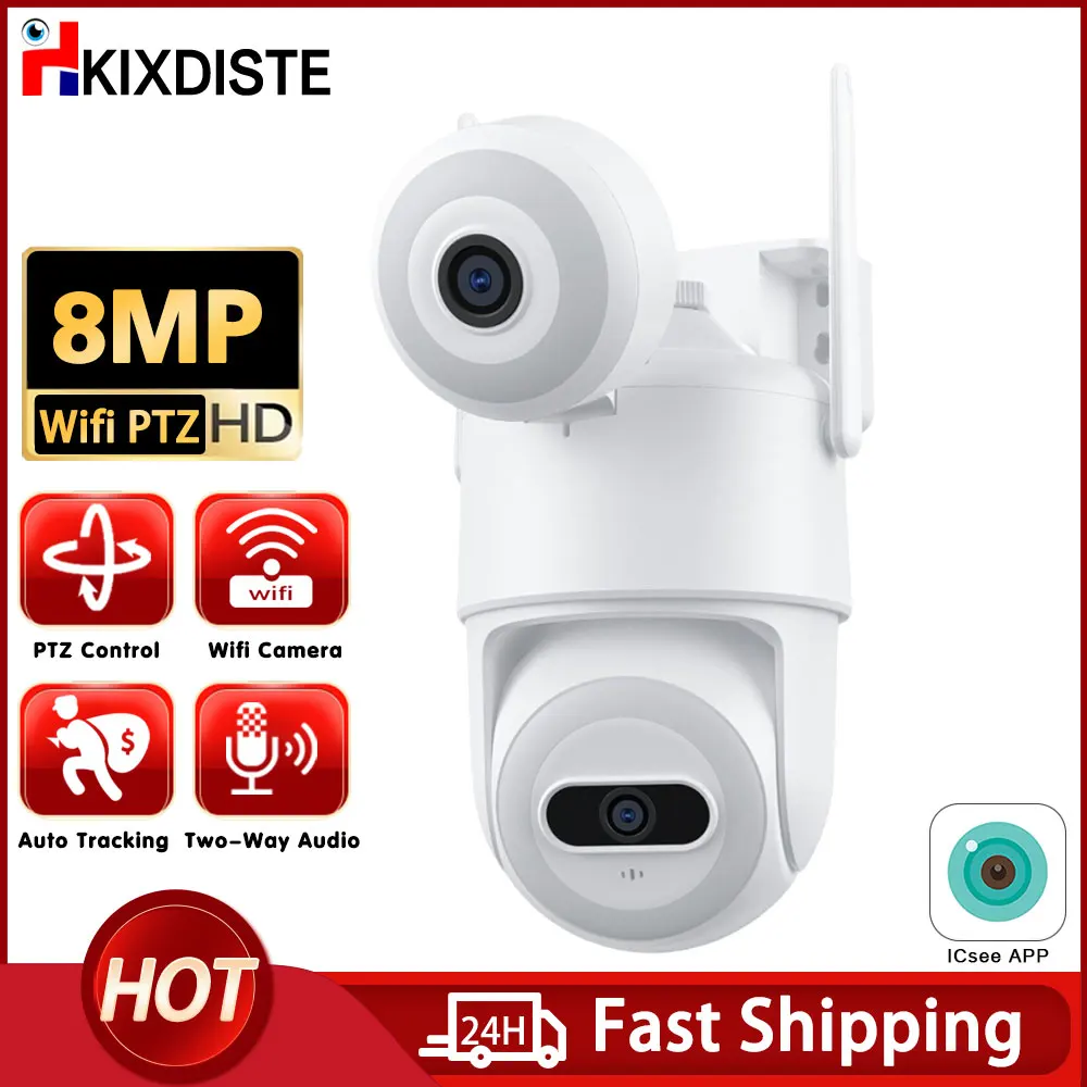 

4K 8MP WIFI Camera Dual Lens Dual Screen IP PTZ Camera Outdoor AI Human Detection Tracking Color Night Vision CCTV Surveillance