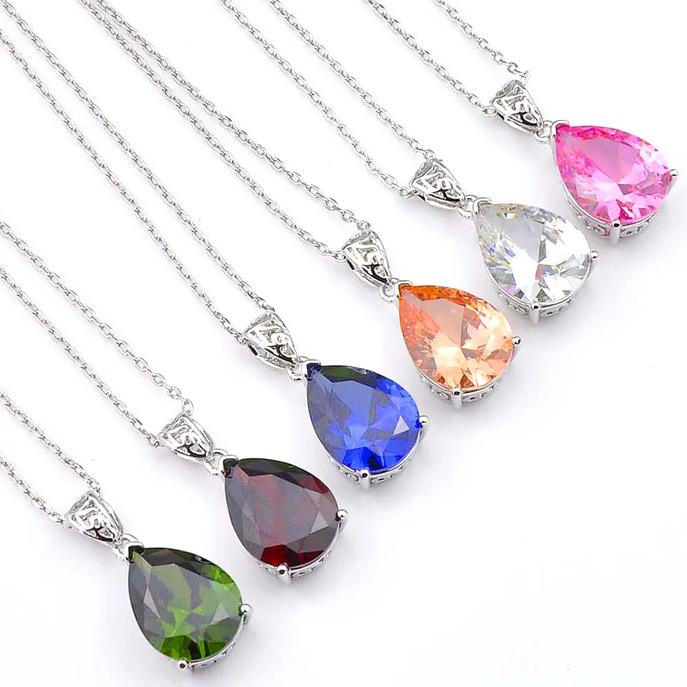 

Luckyshine Teardrop Moonstone Morganite Citrine Mystic Topaz Garnet Peridot Onyx Silver Pendant Necklaces