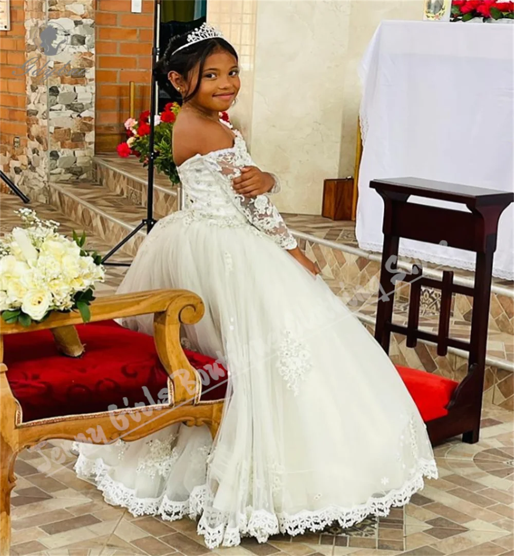 فستان فتاة الزهور المنفوش مزين بالدانتيل العاجي مع مسابقة ملكة جمالية طويلة مناسب للفتيات في حفلات أعياد الميلاد #5