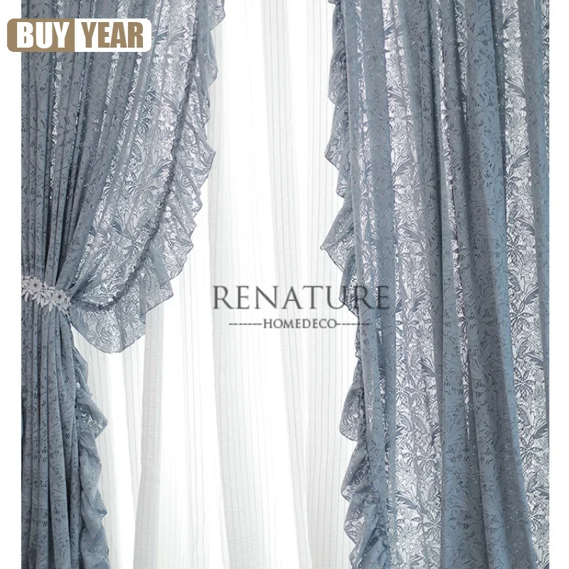French Light Luxury Blue Hollow Lace Window Screen Light-impermeable White Window Screen Curtains For Living Dining Room Bedroom
