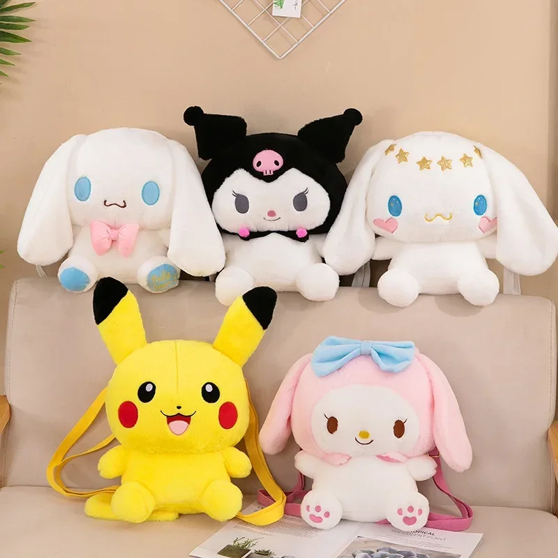 Cute Sanrio Plush Backpack Shoulder Bag Cinnamoroll Kuromi My Melody Plush Backpack Doll Pikachu Crossbody Bag Gifts Kids Girls