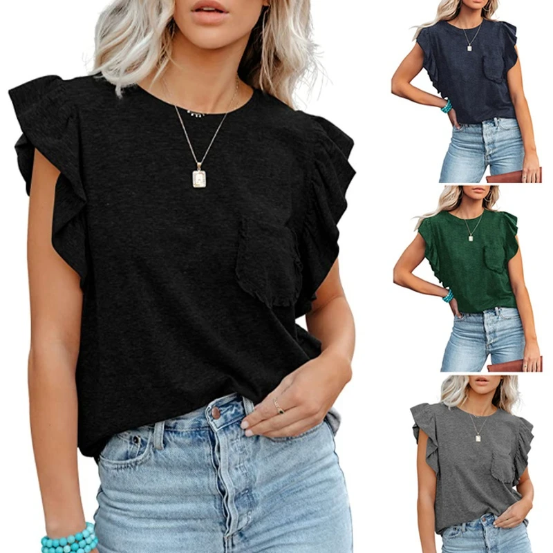 

2023 Summer Women Ruffled Short-Sleeved Women Casual T-Shirt Slim Fit Loose Urban Fashion All-Match New