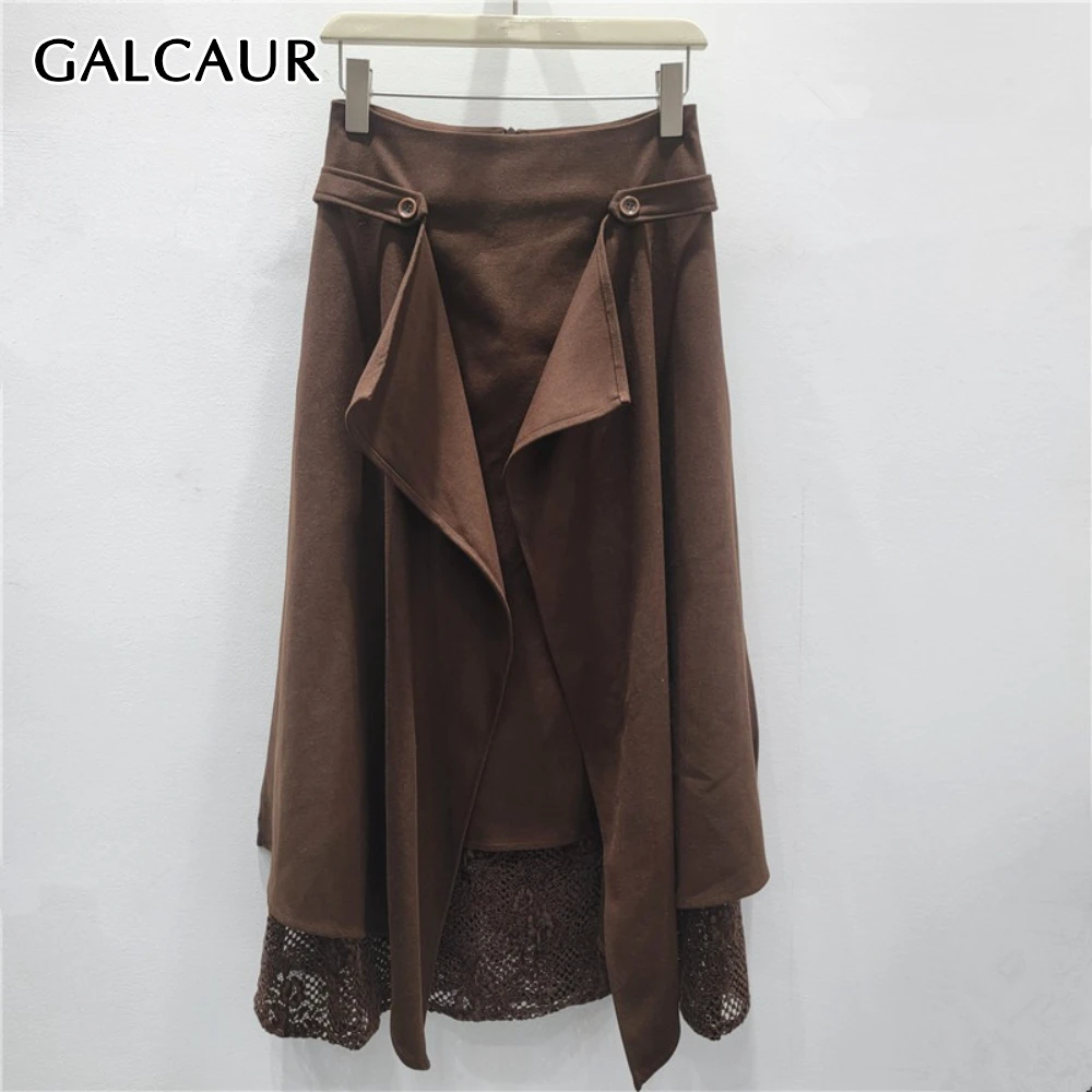 GALCAUR 솔리드 스플라이스 레이스 템퍼먼트 스커트 여성용 하이웨이스트 루즈 엘레강트 불규칙 여성 스커트 가을 패션 스타일 신상