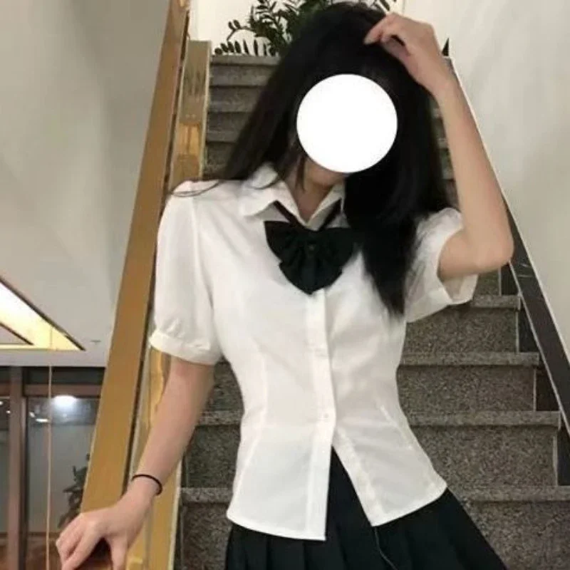 

Shirts Women Slim Kawaii Fashion Cute Preppy Style Crops Summer Blusas Harajuku JK Girls Solid Y2k Streetwear Chic Puff Sleeve