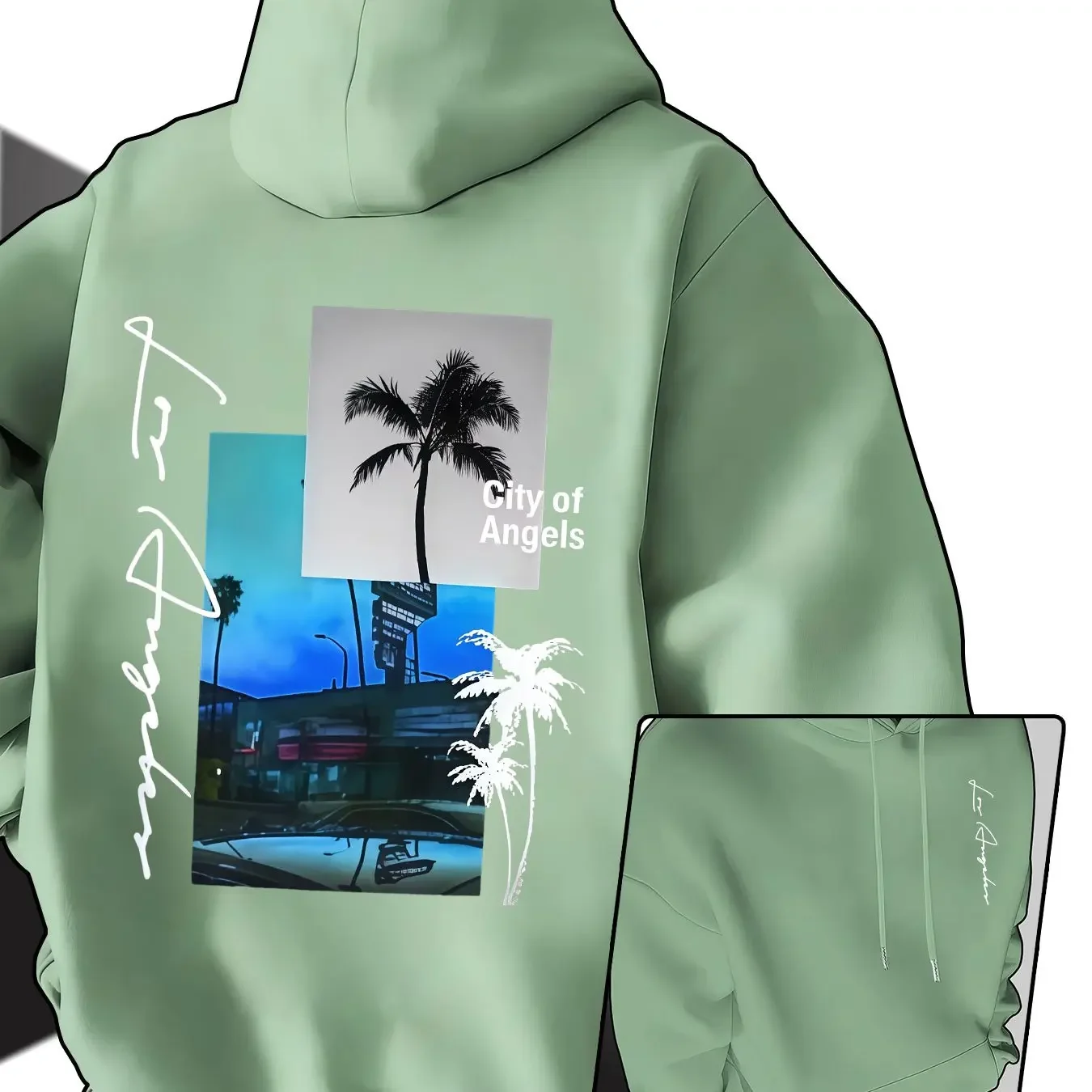 Pullover Hoodie Sweatshirt American West Coast City of Angels Palm Tree Collage Handwritten Signature Front  Long Sleeve Top