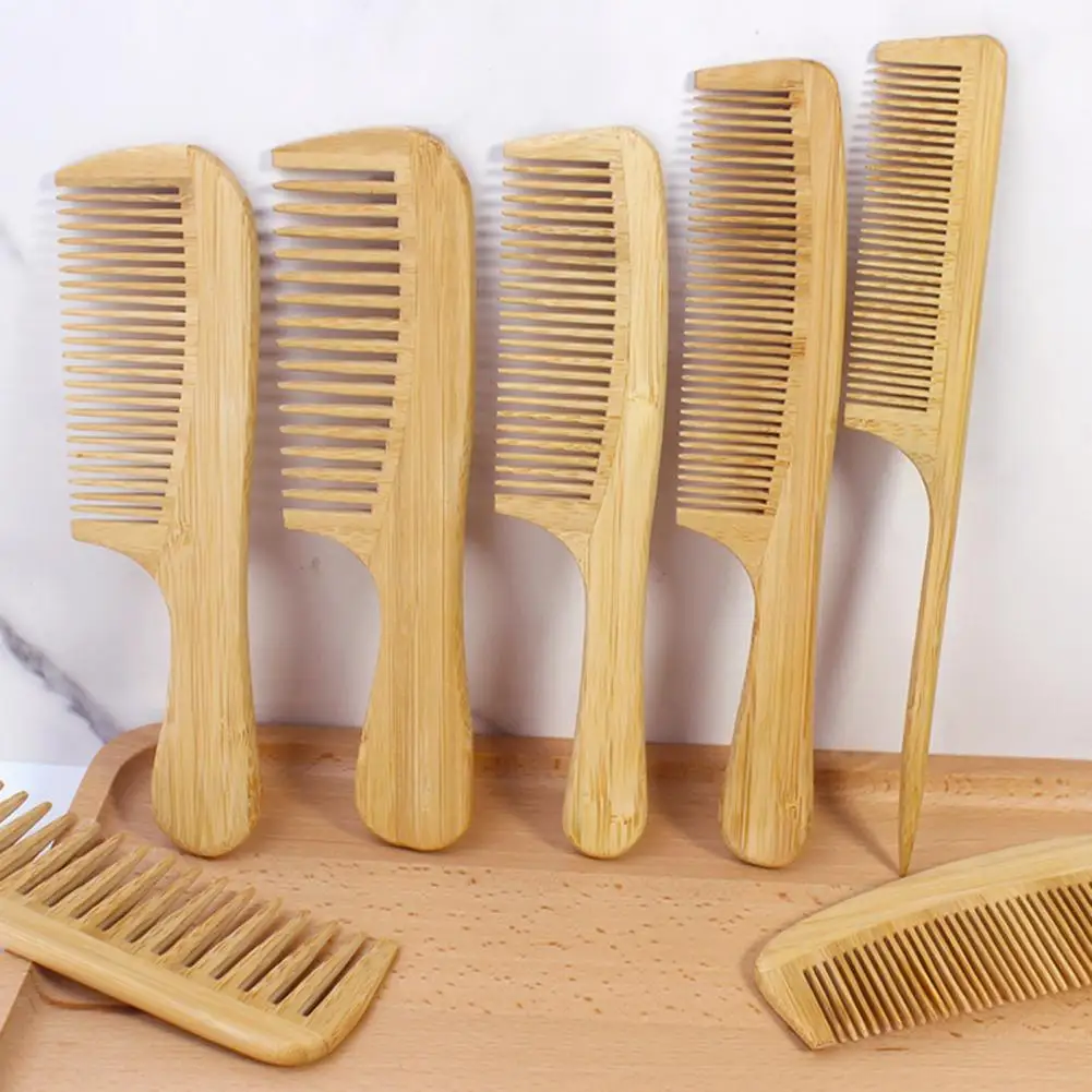 Bamboo Wide Tooth Hair Comb Women Men Anti-Static Afro Fork Comb Wooden Detangler Brush for Curly Straight Wet Dry Hair