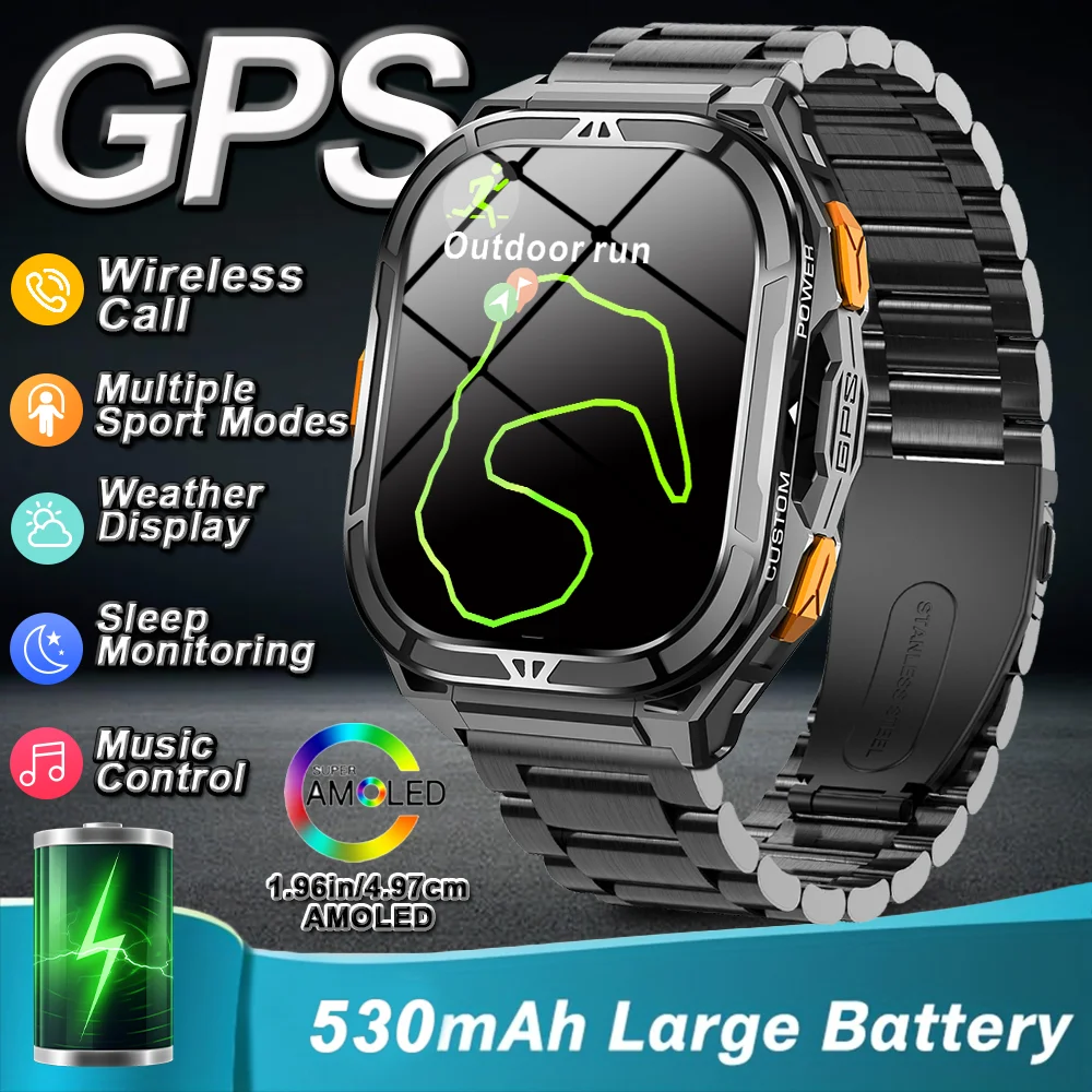

2025 New GPS Smart Watch Men 1.96-inch HD AMOLED Screen Compass Bluetooth Call 5ATM Waterproof Sport Smart Watch for Android iOS