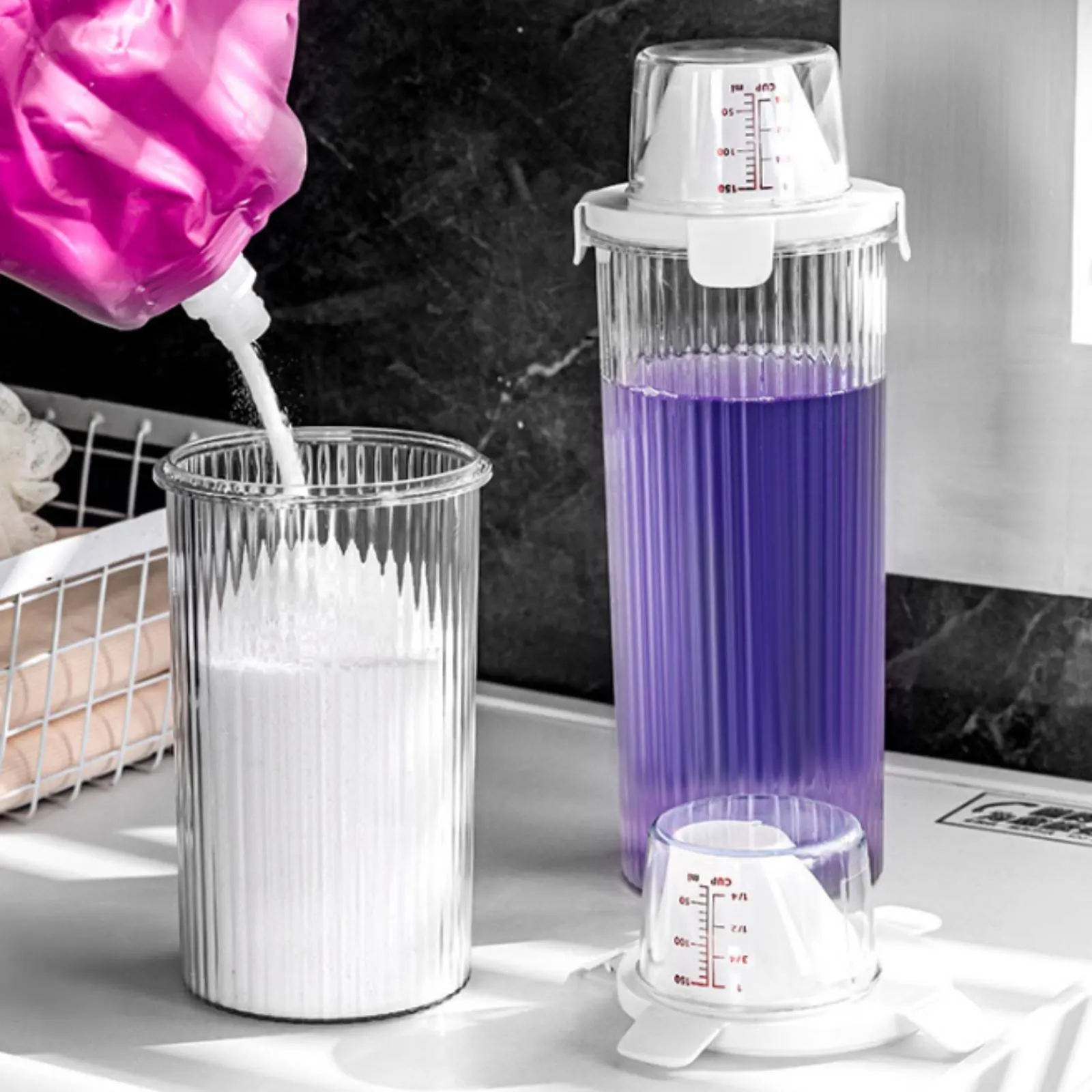 

Laundry Soap Container with Measuring Measuring Lid Spill-Resistant Design Laundry Powder Container Scent Booster Beads