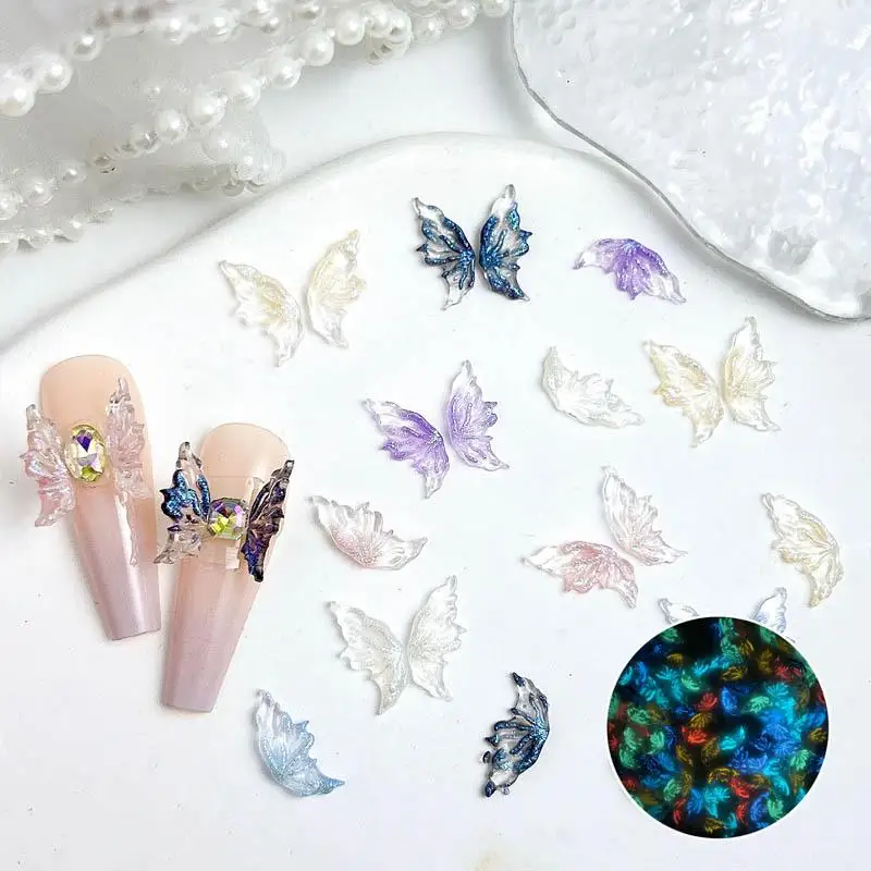 50pcs luminous Gradient Butterfly Nail Charms Transparent Dreamy Half Wing Resin Nail Art Decorations DIY Manicure Accessories