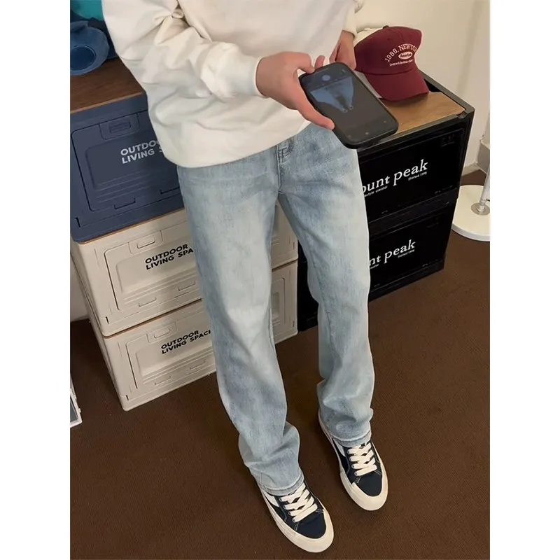 

Мужские джинсы Cleanfit премиум-класса, прямого кроя, ретро-стиль, светло-голубой деним, расклешенные манжеты, застежка-молния, классический прямой крой, для подростков