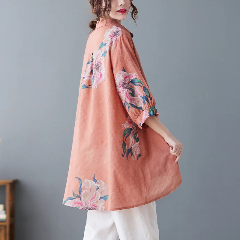 Sli 大きいサイズ レディース レトロ コットンリネン プリント サマー ルーズ ミディ丈トップ トレンド 韓国風 スレカラー 五分袖...