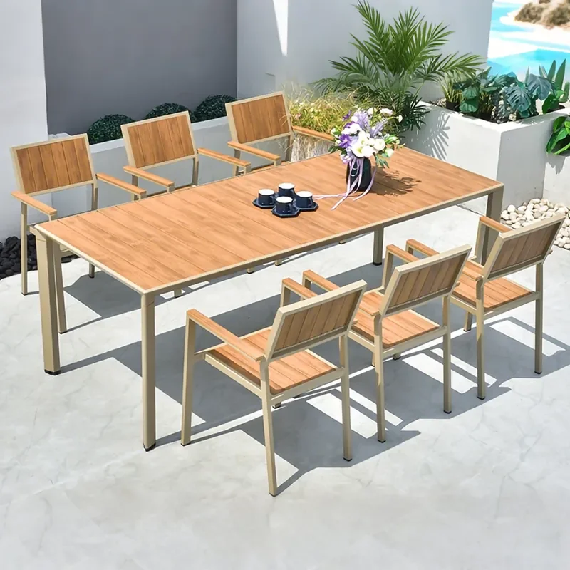 Nordic Simple Outdoor Plastic Wood Preservative Wood Dining Table and Chairs for Courtyard Garden Open Air Cafe Balcony