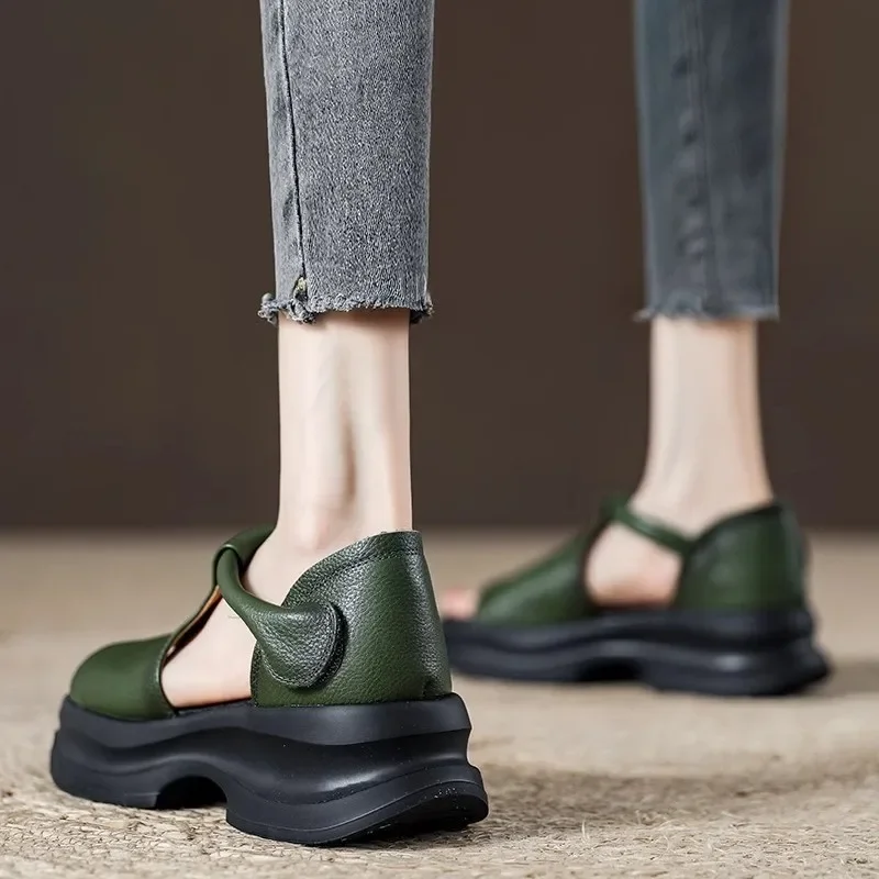Sandales d'été en cuir pour femmes, plateforme de pause, sac rétro, talon, sandales romaines, chaussures à bouche de poisson, pantoufles de plage à bout ouvert, nouvelle collection 2025