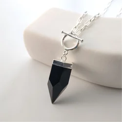 FUWO 1Pc Obsidian crystal pointed necklace, silver plated square chain, black and white classic semi precious stone gift NC411Y