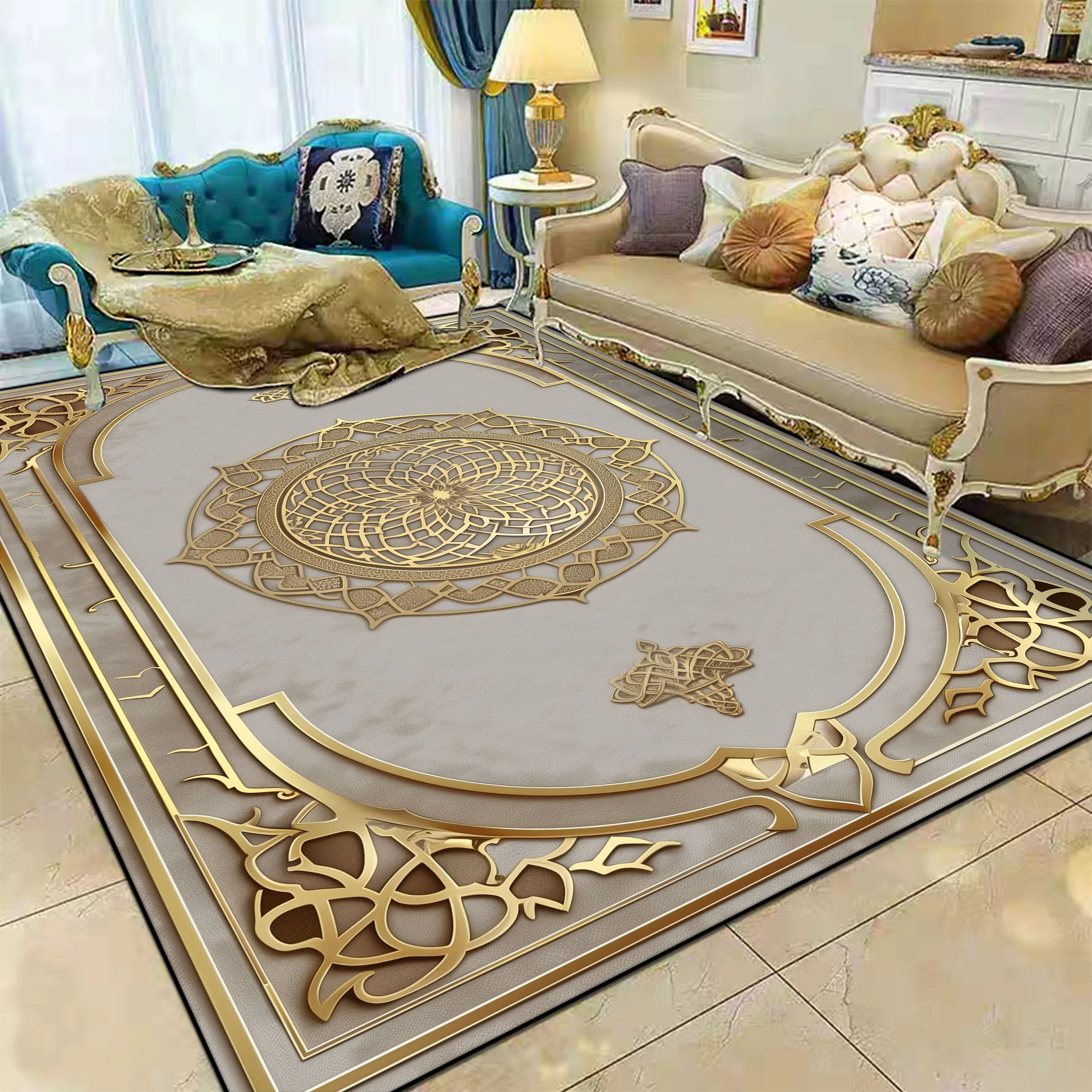 

European Golden Luxurious Big Size Carpet for Living Room Sofa Area Hotel Lobby Decoration Rugs Home Bedroom Floor Mat Anti-slip