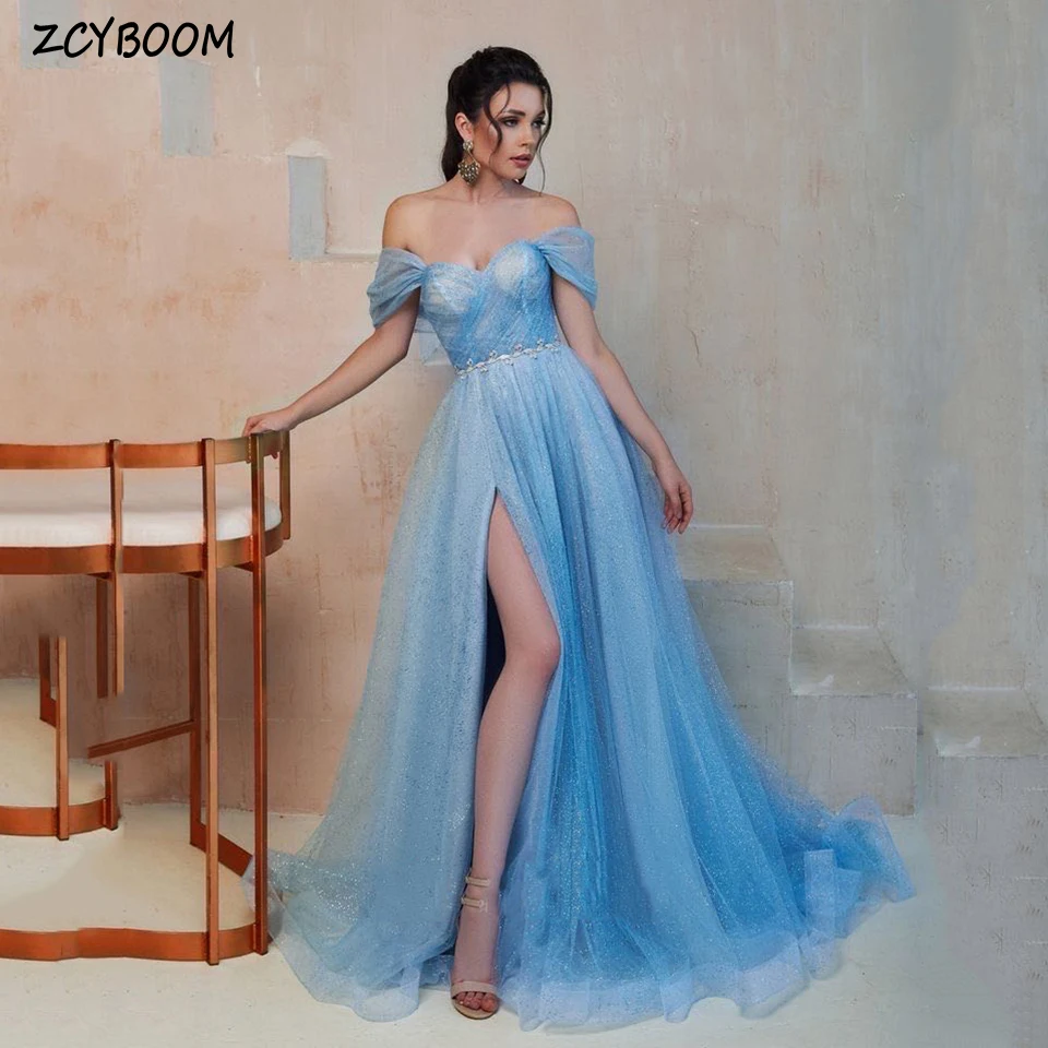 

Elegant Sky Blue Sweetheart Off The Shoulder Shiny Evening Dress 2025 A-Line Floor Length Side Slit Custom Made Prom Dress