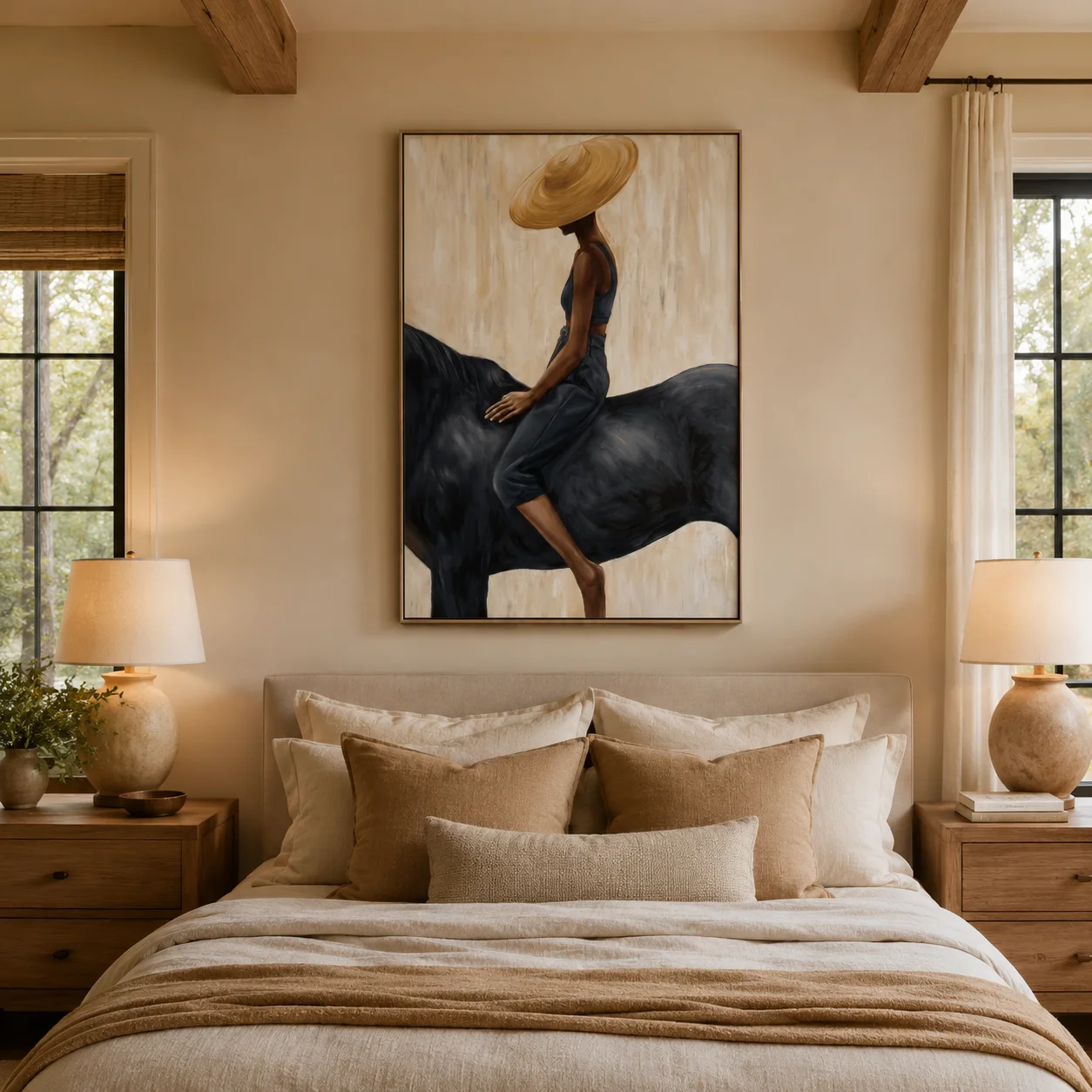 Grace in the Wild - Modern Fashion Black Horse & Woman Painting | Canvas Wall Printfor Bedroom, Living Room, Office